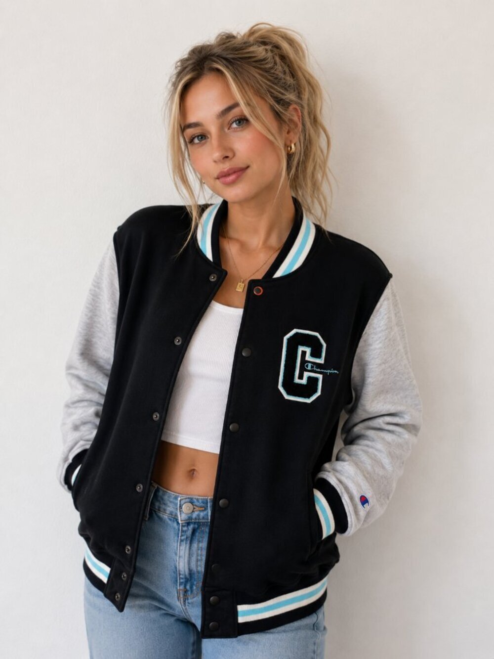 Champion Letterman Varsity Jacket Coat Black Gray Blue Embroidered Logo Large